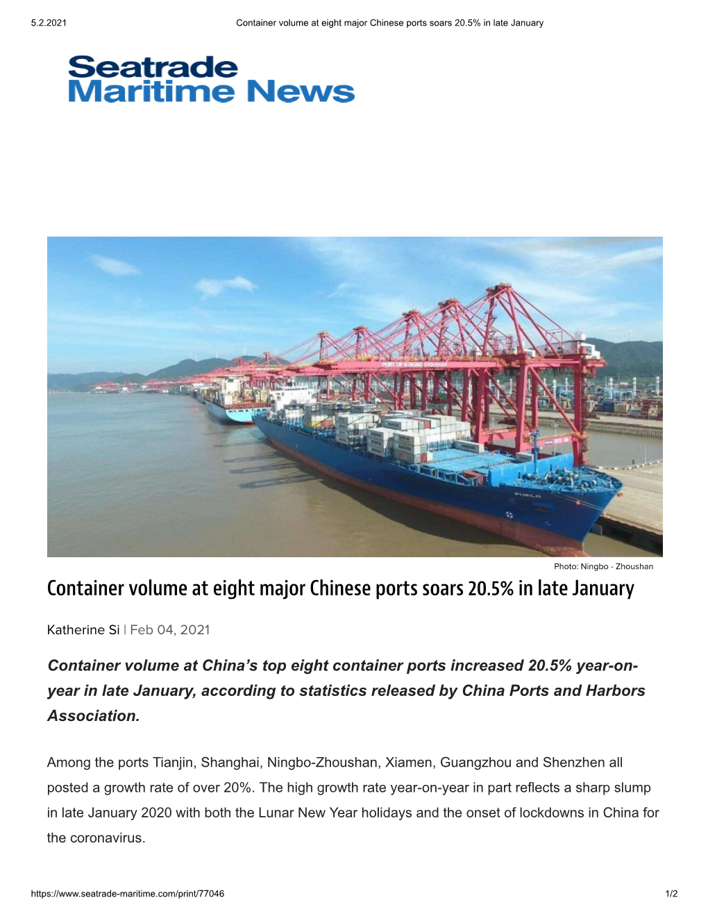 Container Volume at Eight Major Chinese Ports Soars 20.5% in Late January