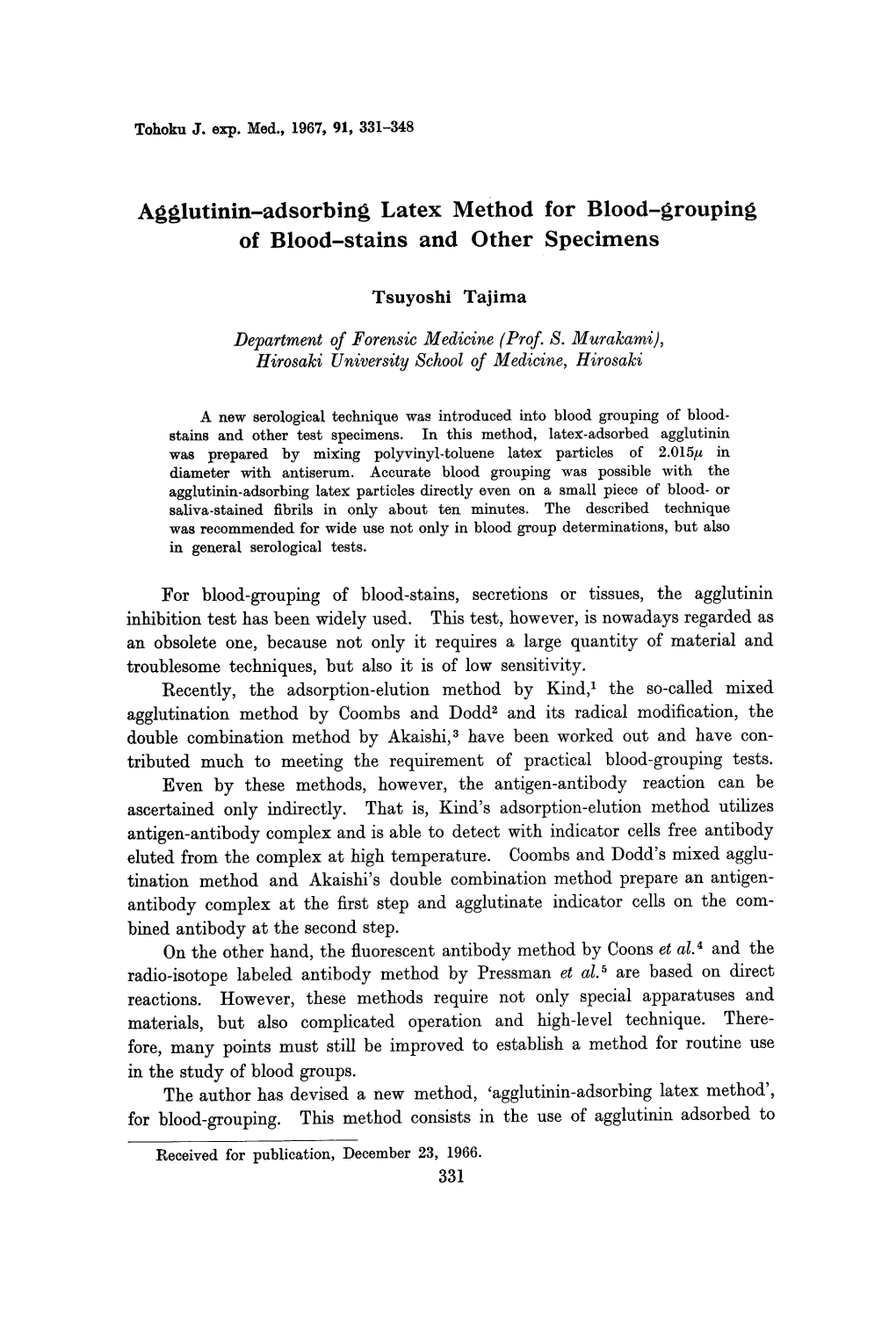 Agglutinin-Adsorbing Latex Method for Blood-Grouping of Blood-Stains and Other Specimens