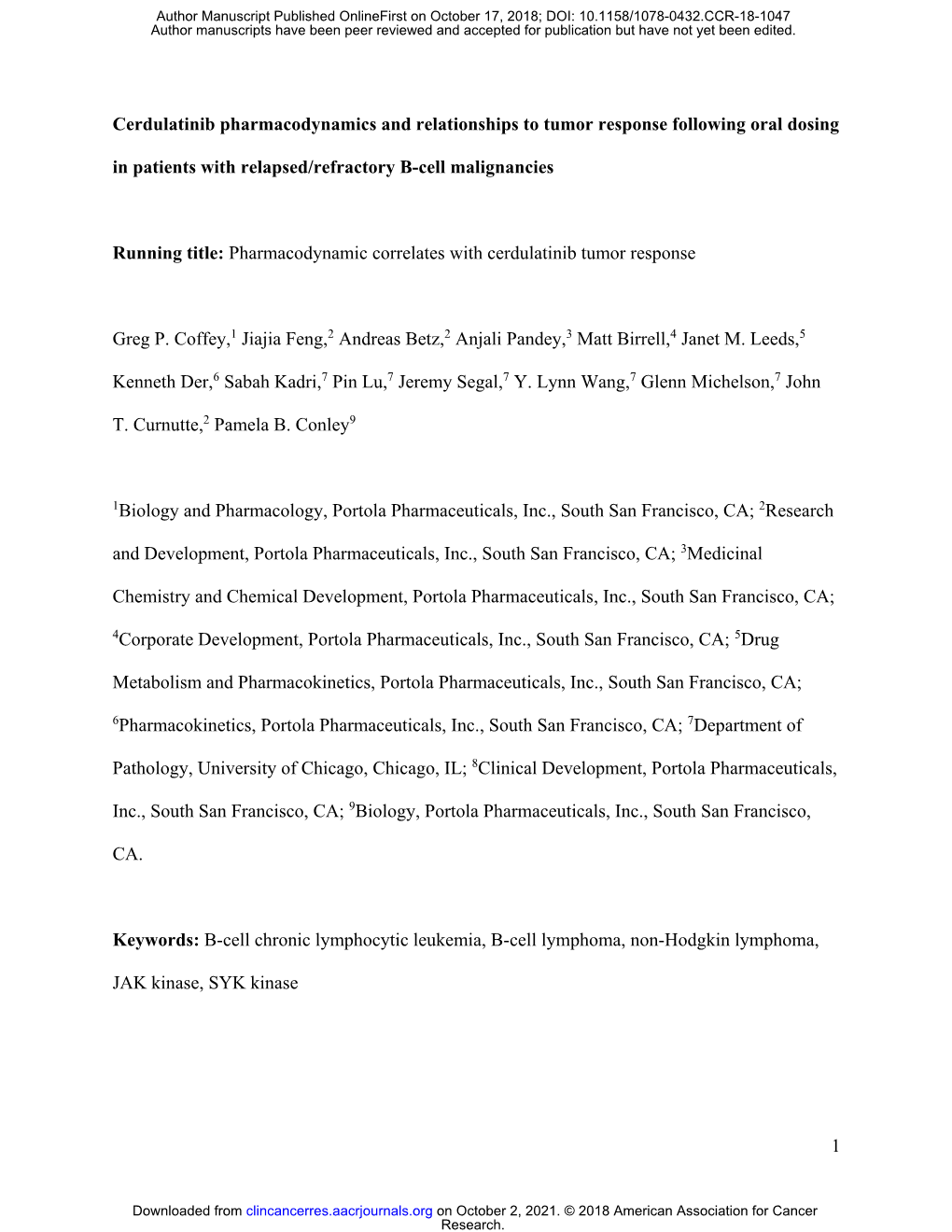 Cerdulatinib Pharmacodynamics and Relationships to Tumor Response Following Oral Dosing in Patients with Relapsed/Refractory B-Cell Malignancies