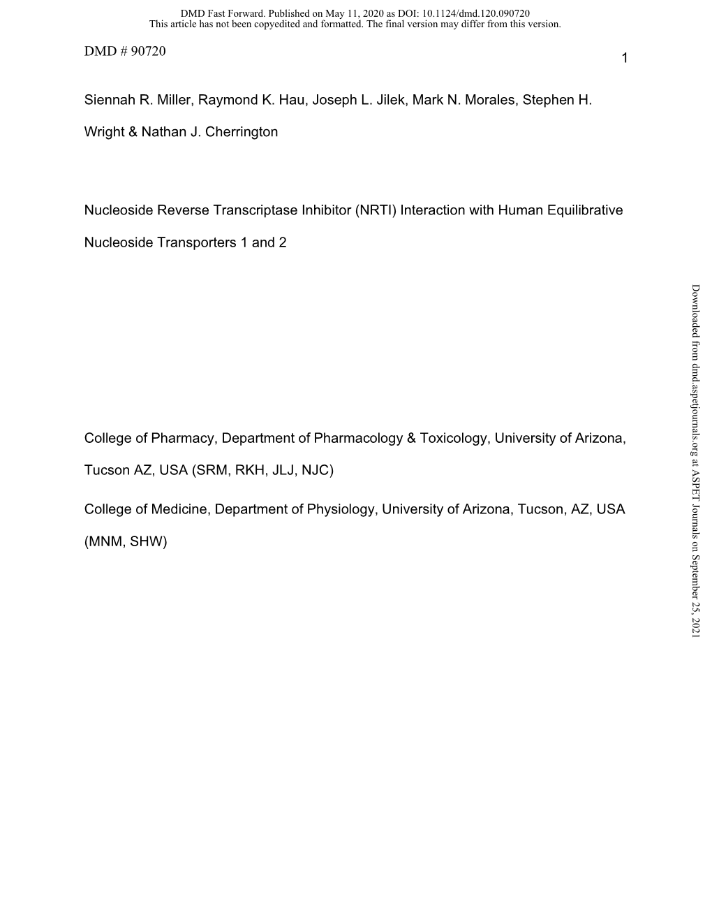 Interaction with Human Equilibrative Nucleoside Transporters 1 and 2