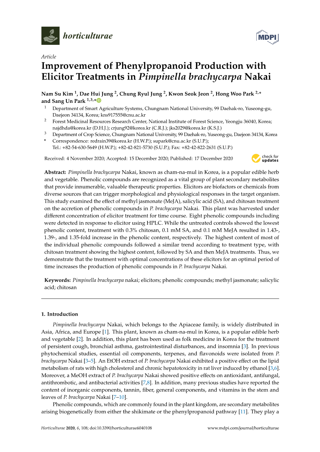 Improvement of Phenylpropanoid Production with Elicitor Treatments in Pimpinella Brachycarpa Nakai