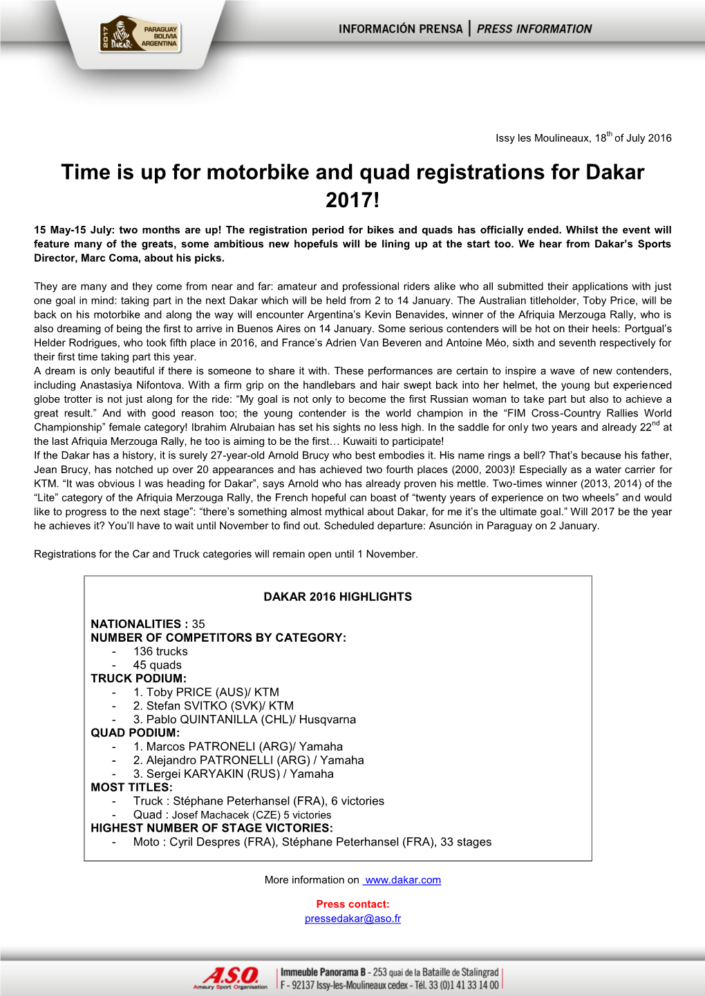 Time Is up for Motorbike and Quad Registrations for Dakar 2017!