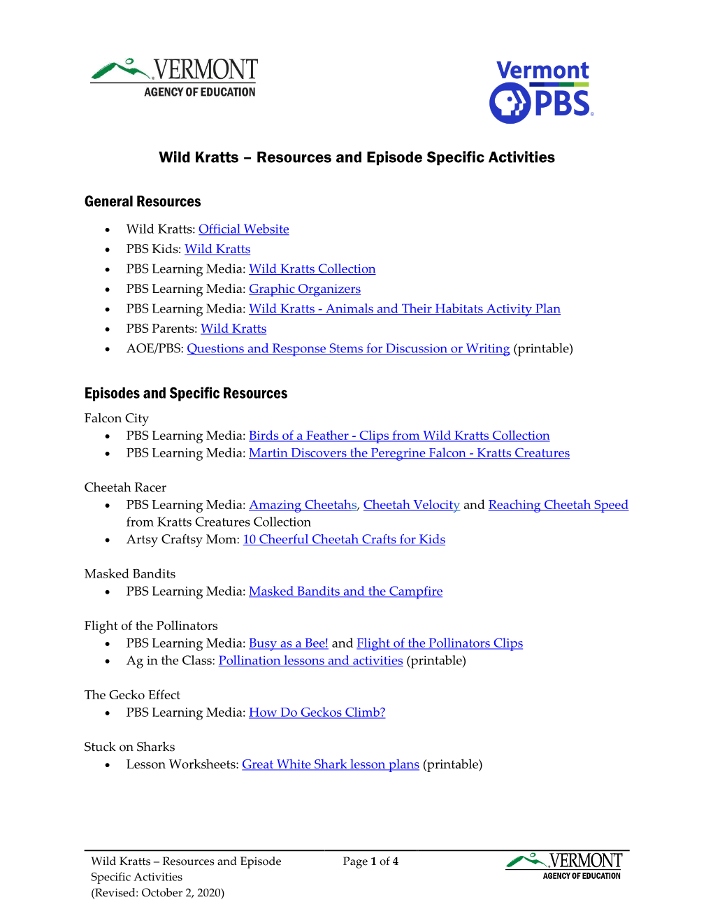 Wild Kratts – Resources and Episode Specific Activities