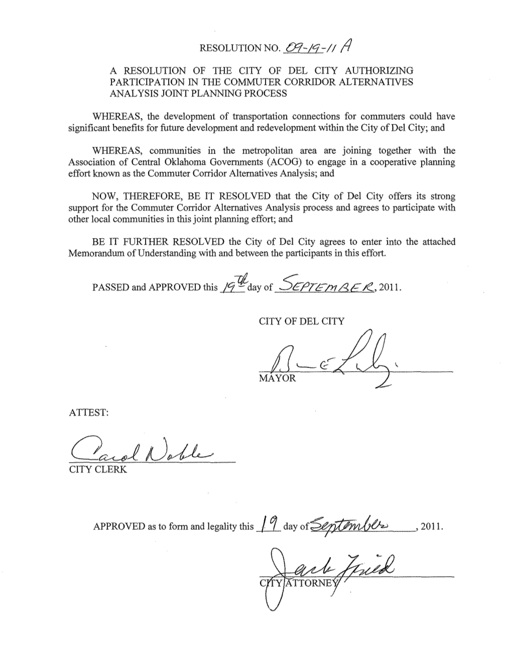 Resolution No. 07-11-11 Ii a Resolution of the City of Del City Authorizing Participation in the Commuter Corridor Alternatives