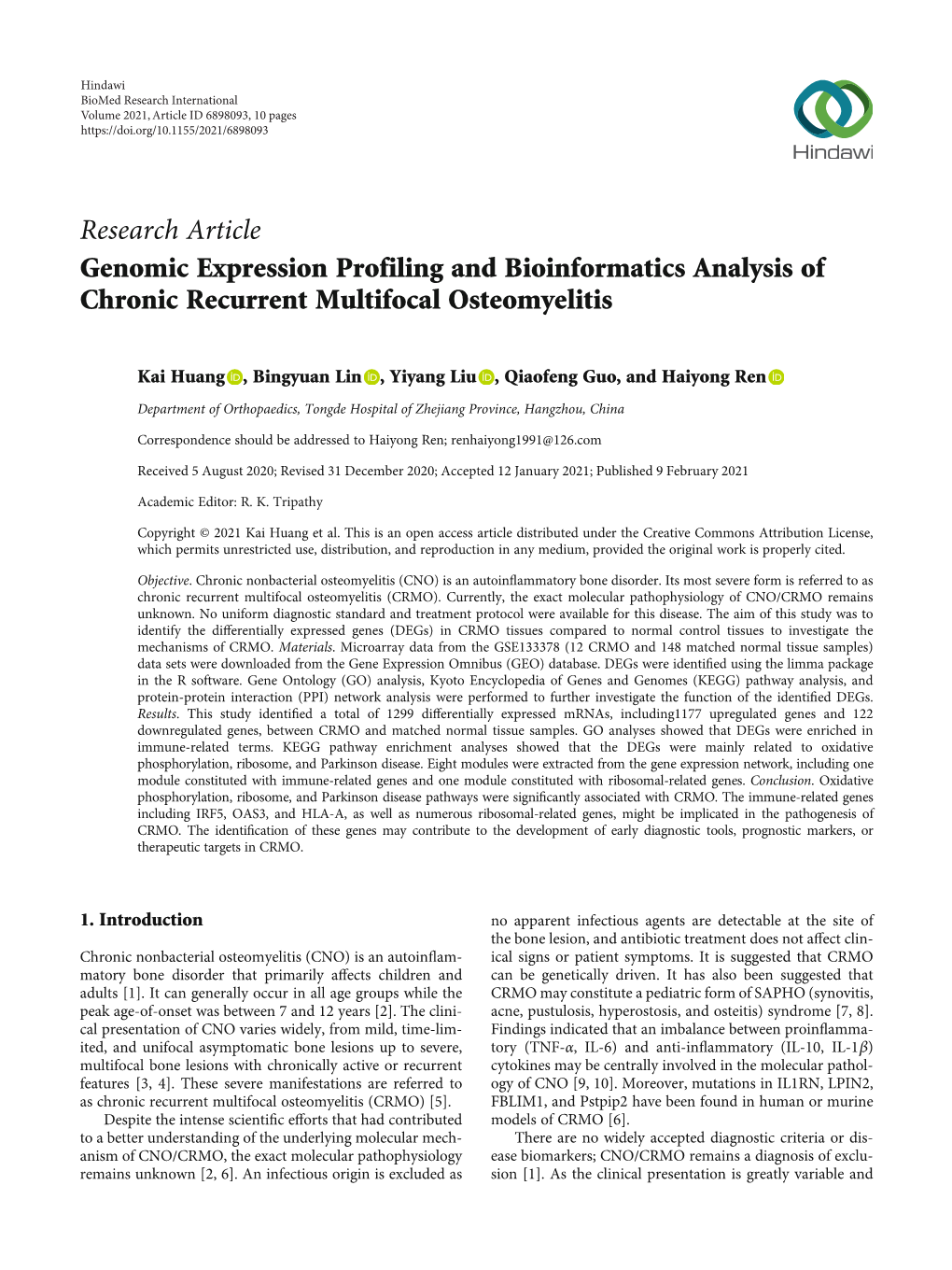 Genomic Expression Profiling and Bioinformatics Analysis of Chronic Recurrent Multifocal Osteomyelitis