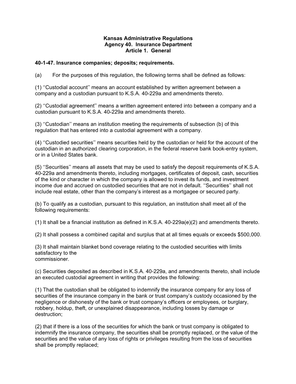 Kansas Administrative Regulations Agency 40. Insurance Department Article 1