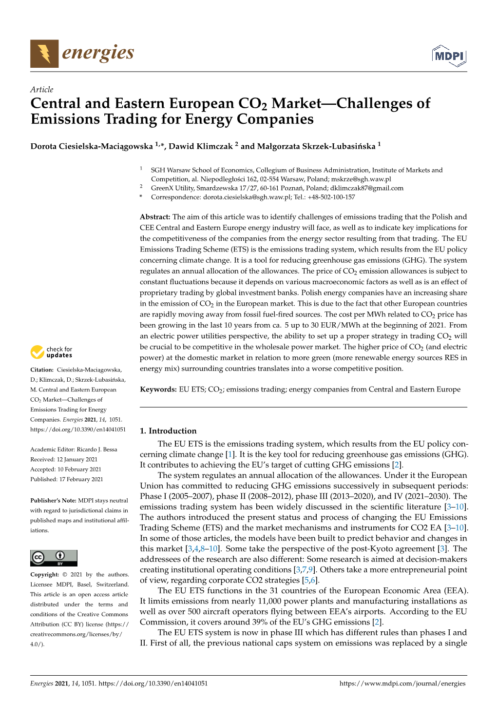 Central and Eastern European CO2 Market—Challenges of Emissions Trading for Energy Companies