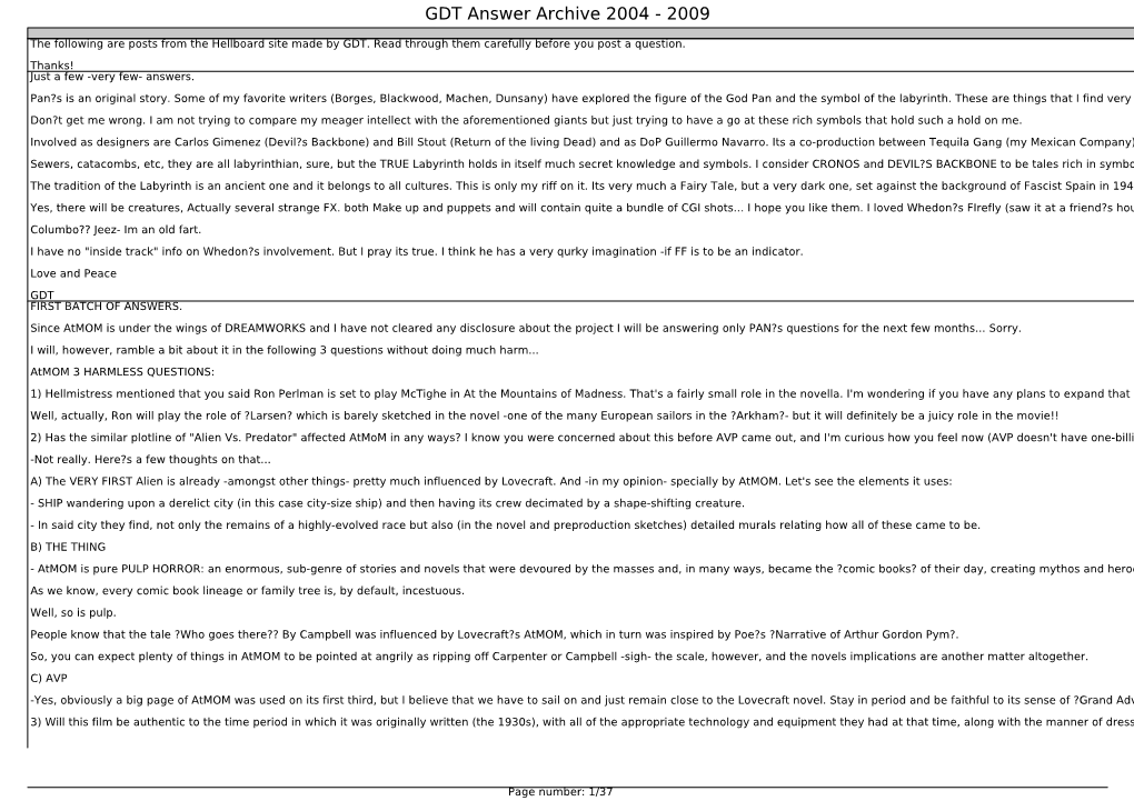 GDT Answer Archive 2004 - 2009 Post Text Post Text the Following Are Posts from the Hellboard Site Made by GDT
