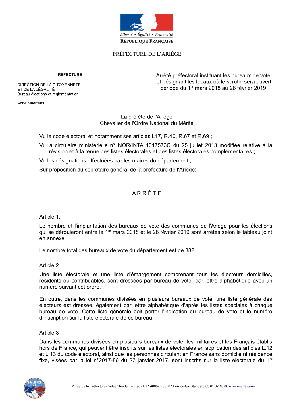 PRÉFECTURE DE L'ariège Arrêté Préfectoral Instituant Les Bureaux De