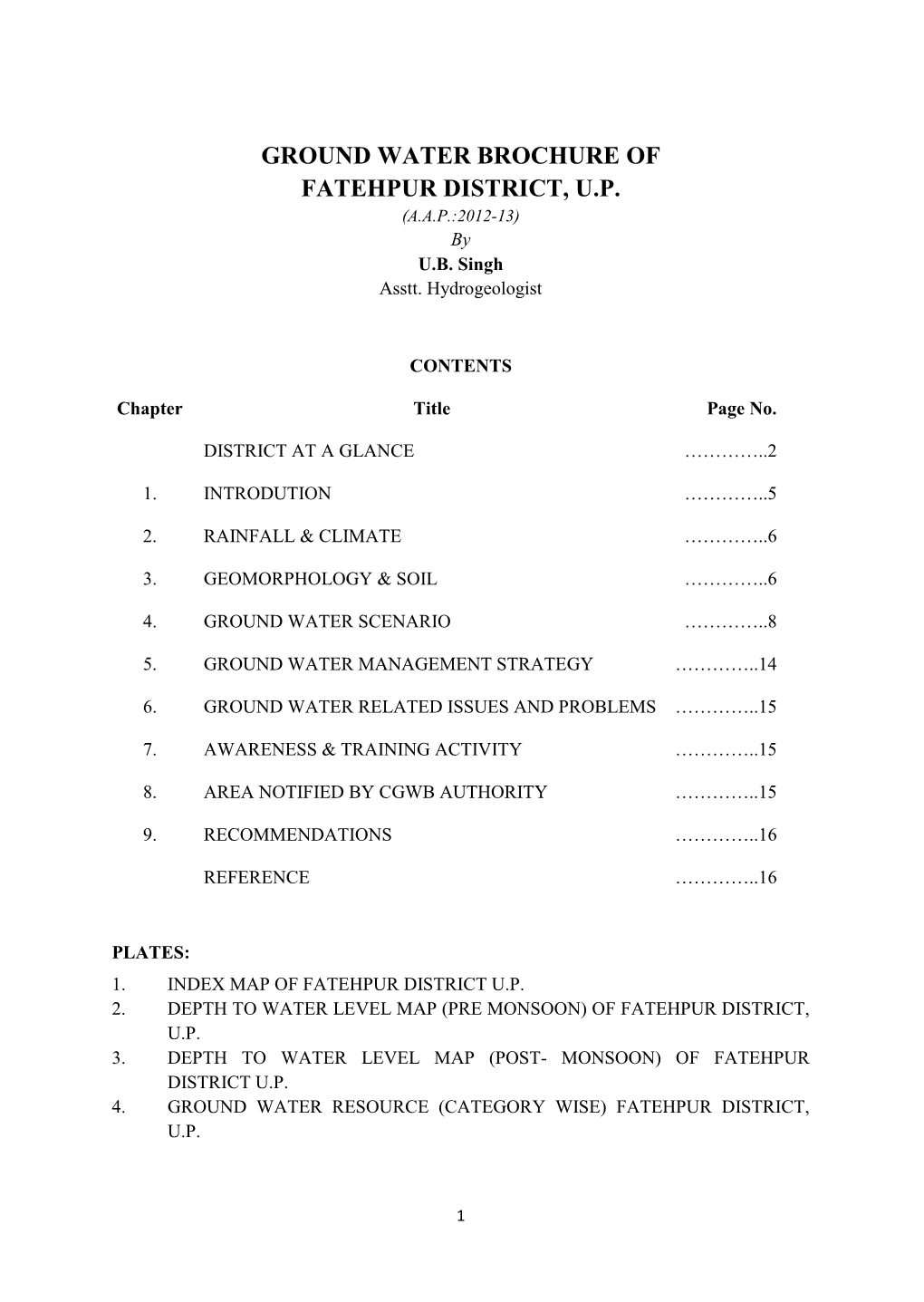 GROUND WATER BROCHURE of FATEHPUR DISTRICT, U.P. (A.A.P.:2012-13) by U.B