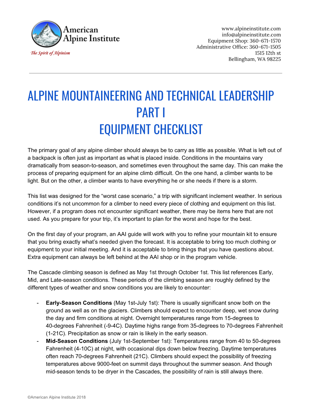 Alpine Mountaineering and Technical Leadership Part I Equipment Checklist