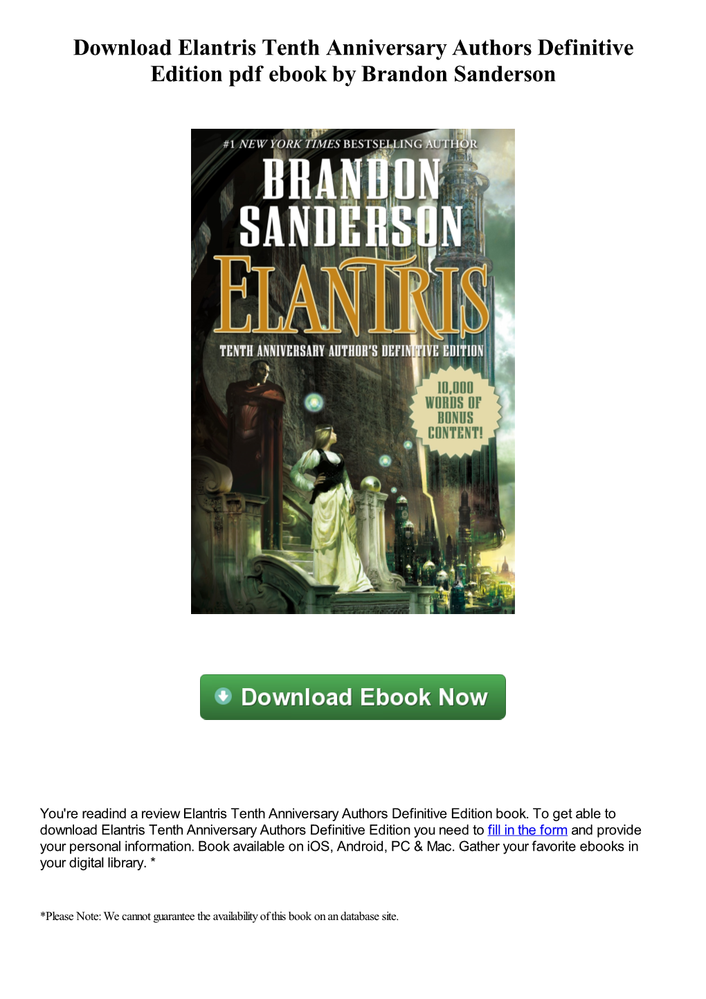 Download Elantris Tenth Anniversary Authors Definitive Edition Pdf Ebook by Brandon Sanderson