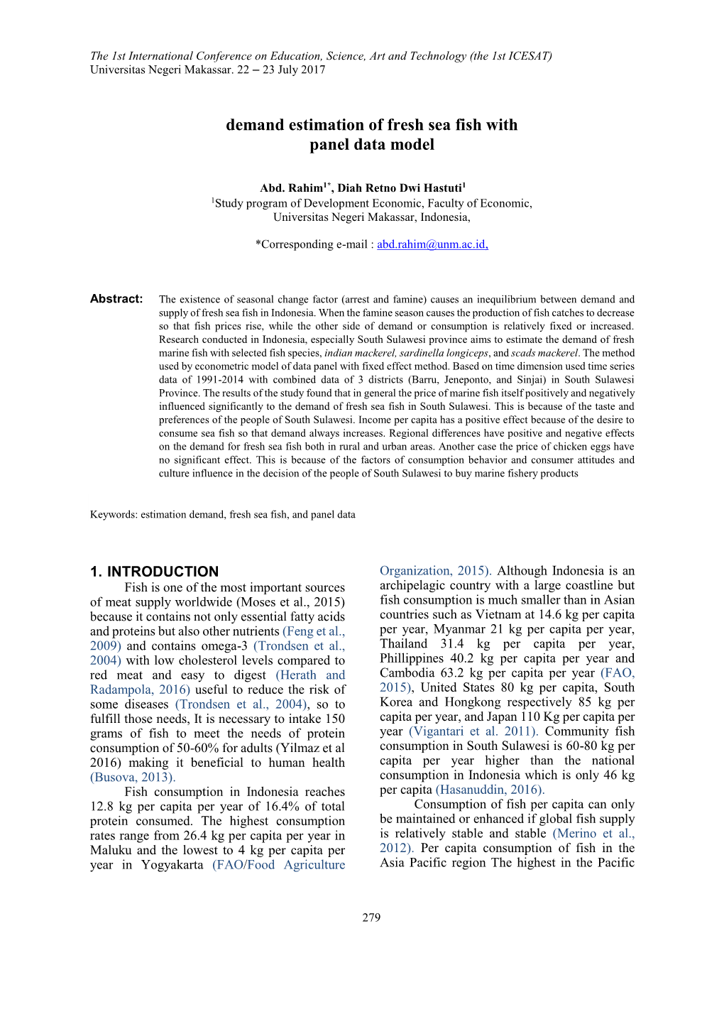 Demand Estimation of Fresh Sea Fish with Panel Data Model