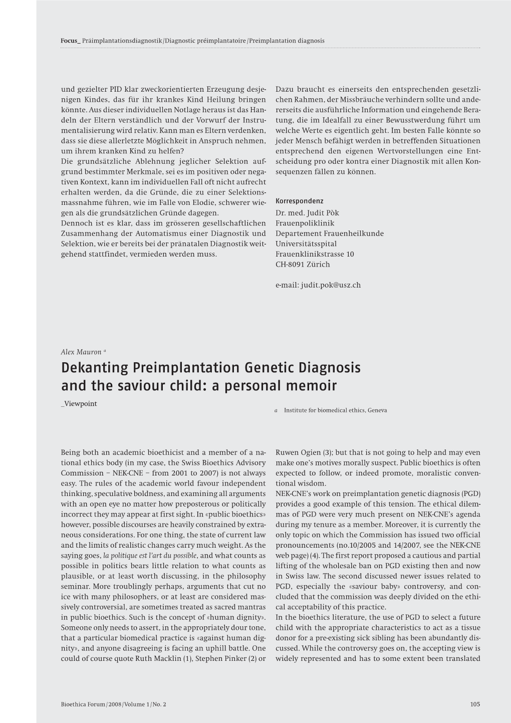 Dekanting Preimplantation Genetic Diagnosis and the Saviour Child: a Personal Memoir