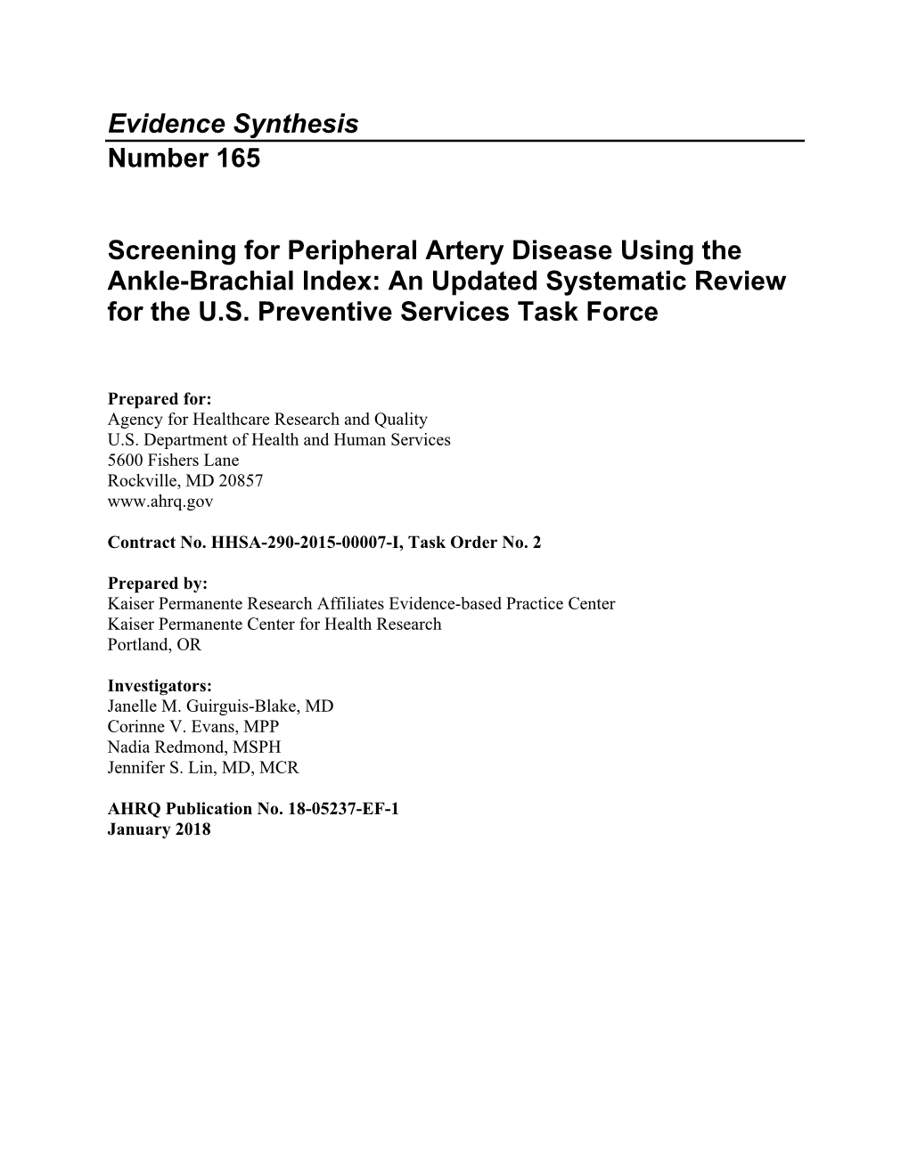 Screening for Peripheral Artery Disease Using the Ankle-Brachial Index: an Updated Systematic Review for the U.S