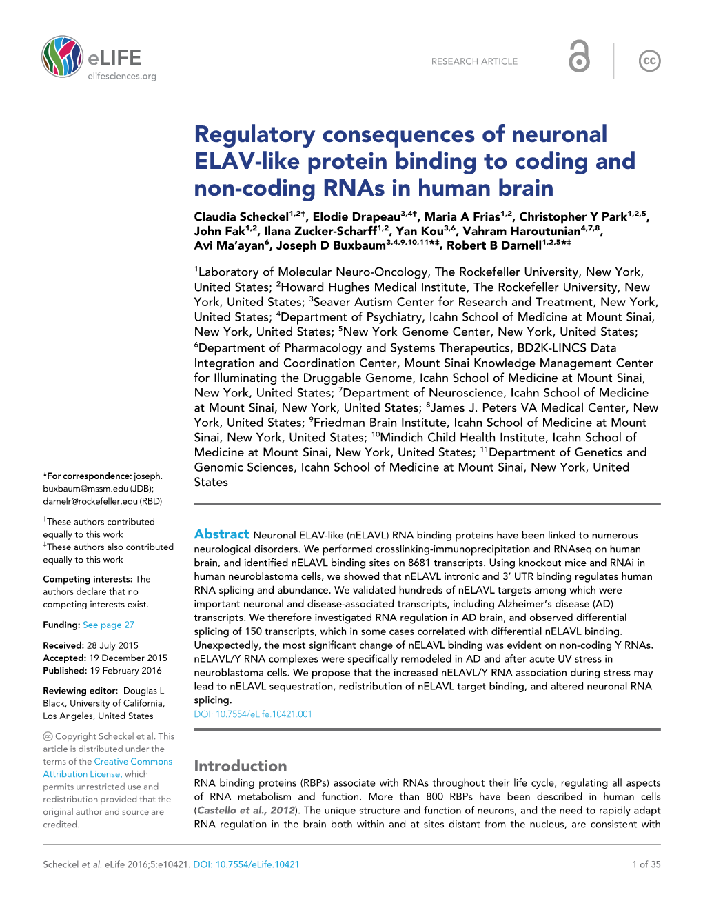 Regulatory Consequences of Neuronal ELAV-Like Protein Binding to Coding and Non-Coding Rnas in Human Brain