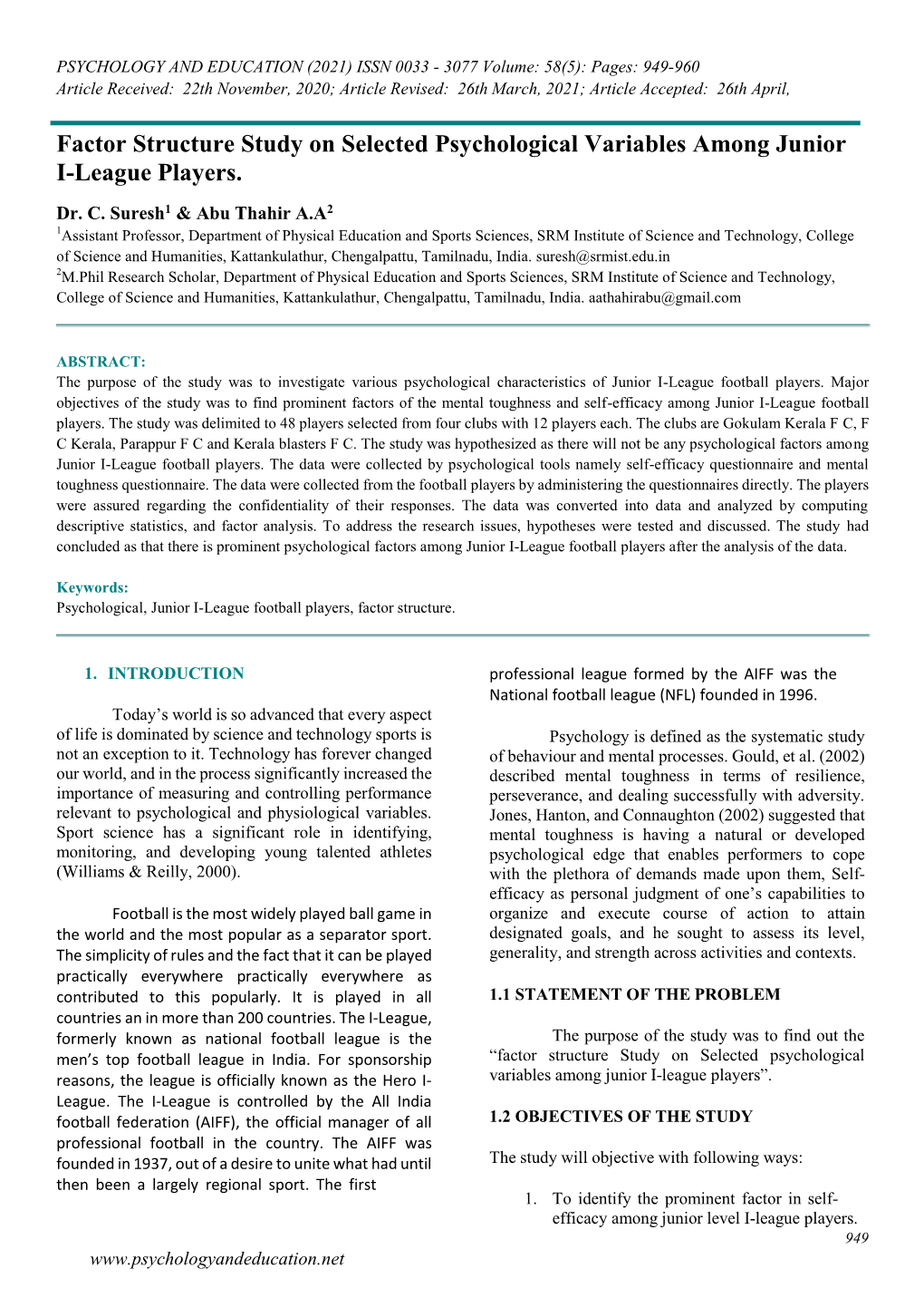 Factor Structure Study on Selected Psychological Variables Among Junior I-League Players