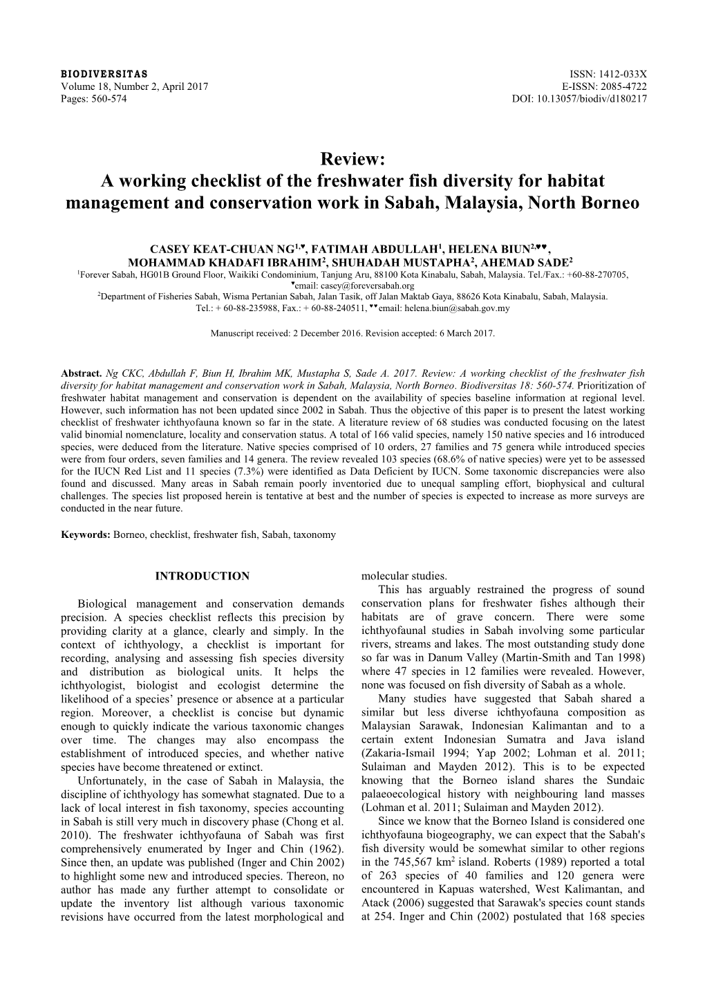 A Working Checklist of the Freshwater Fish Diversity for Habitat Management and Conservation Work in Sabah, Malaysia, North Borneo