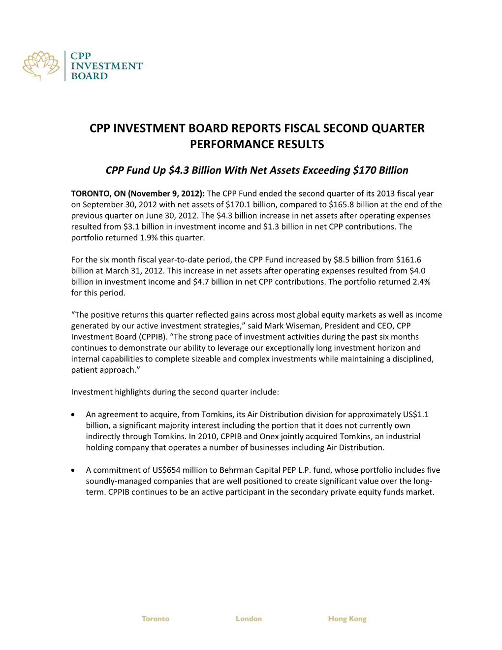 Cpp Investment Board Reports Fiscal Second Quarter Performance Results