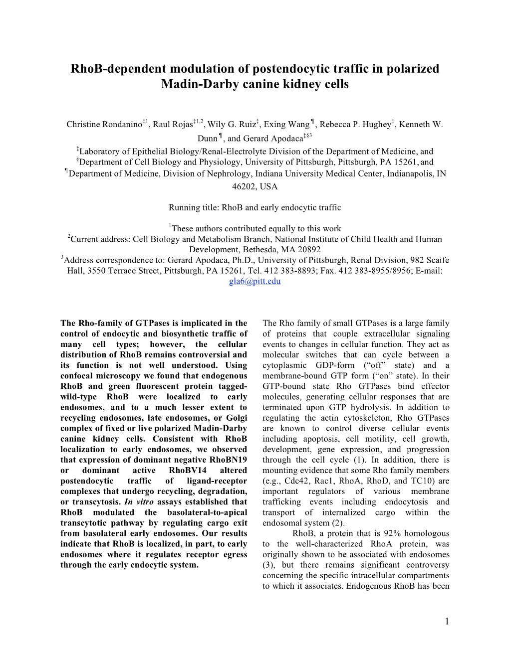 Rhob-Dependent Modulation of Postendocytic Traffic in Polarized Madin-Darby Canine Kidney Cells