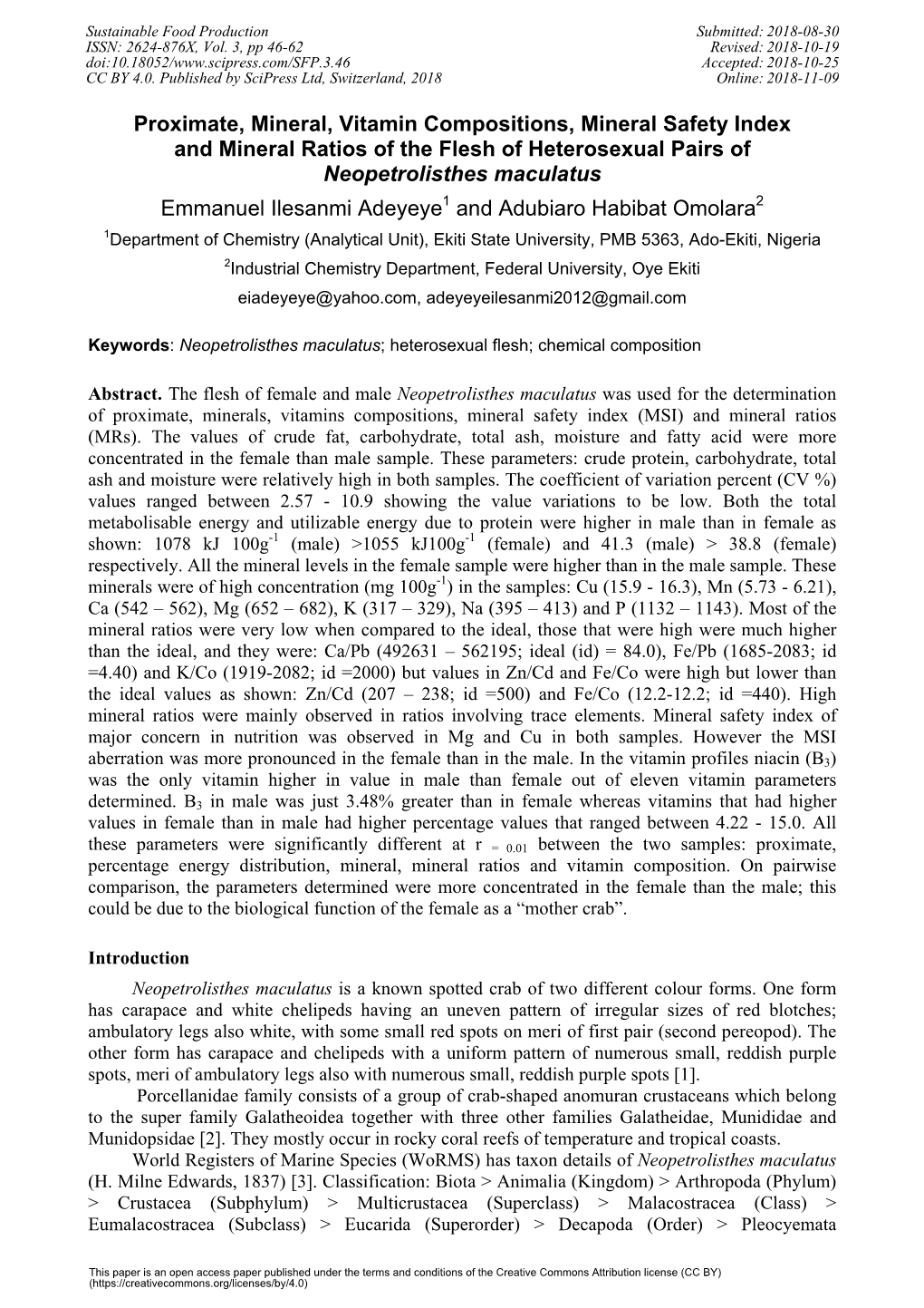 Proximate, Mineral, Vitamin Compositions, Mineral Safety Index