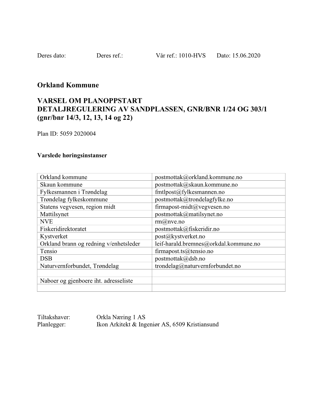 Orkland Kommune VARSEL OM PLANOPPSTART