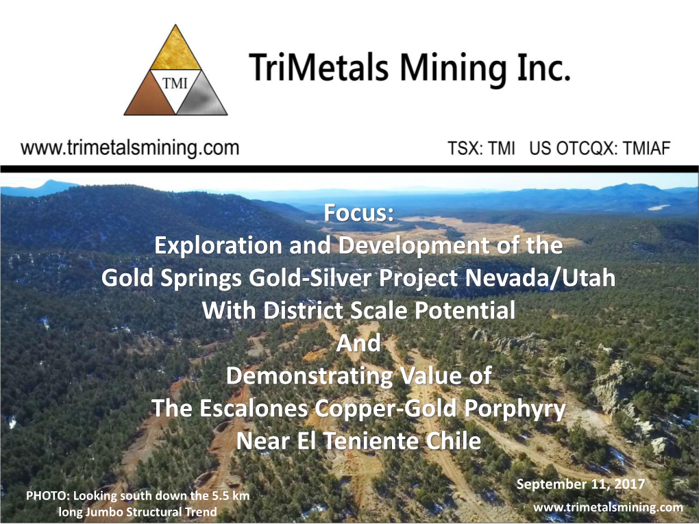 Gold Springs Gold-Silver Project Nevada/Utah with District Scale Potential and Demonstrating Value of the Escalones Copper-Gold Porphyry Near El Teniente Chile
