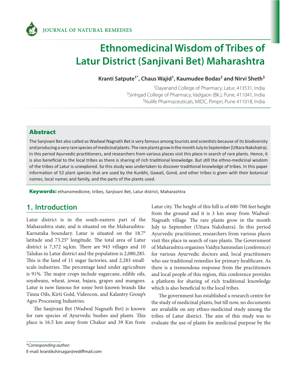 Ethnomedicinal Wisdom of Tribes of Latur District (Sanjivani Bet) Maharashtra