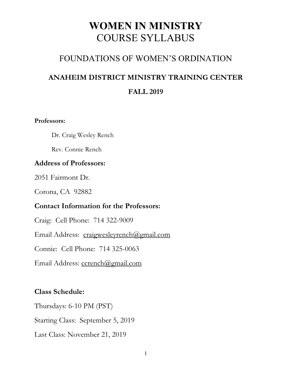 Women in Ministry Course Syllabus