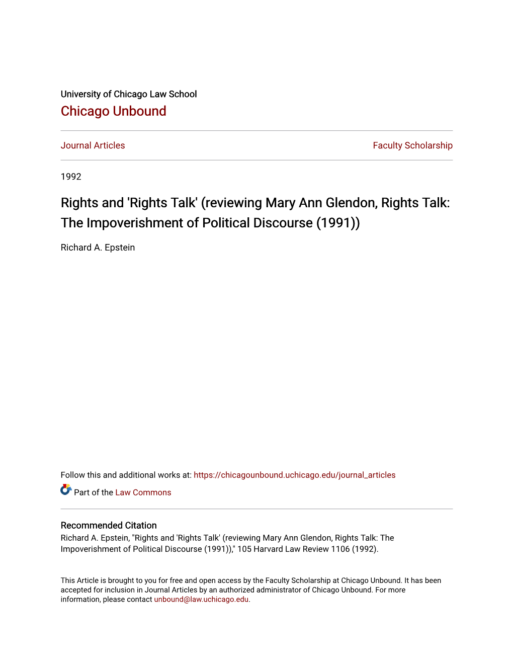 Rights and 'Rights Talk' (Reviewing Mary Ann Glendon, Rights Talk: the Impoverishment of Political Discourse (1991))