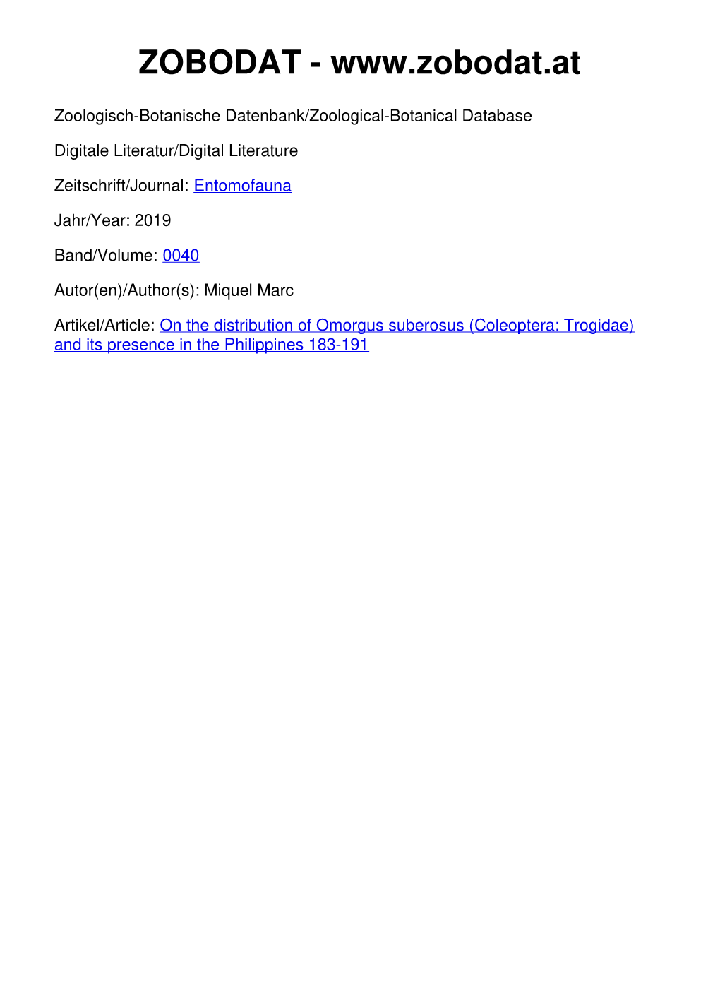 On the Distribution of Omorgus Suberosus (Coleoptera: Trogidae) and Its Presence in the Philippines 183-191 Entomofauna 40/1 Heft 8: 183-191 Ansfelden, 10