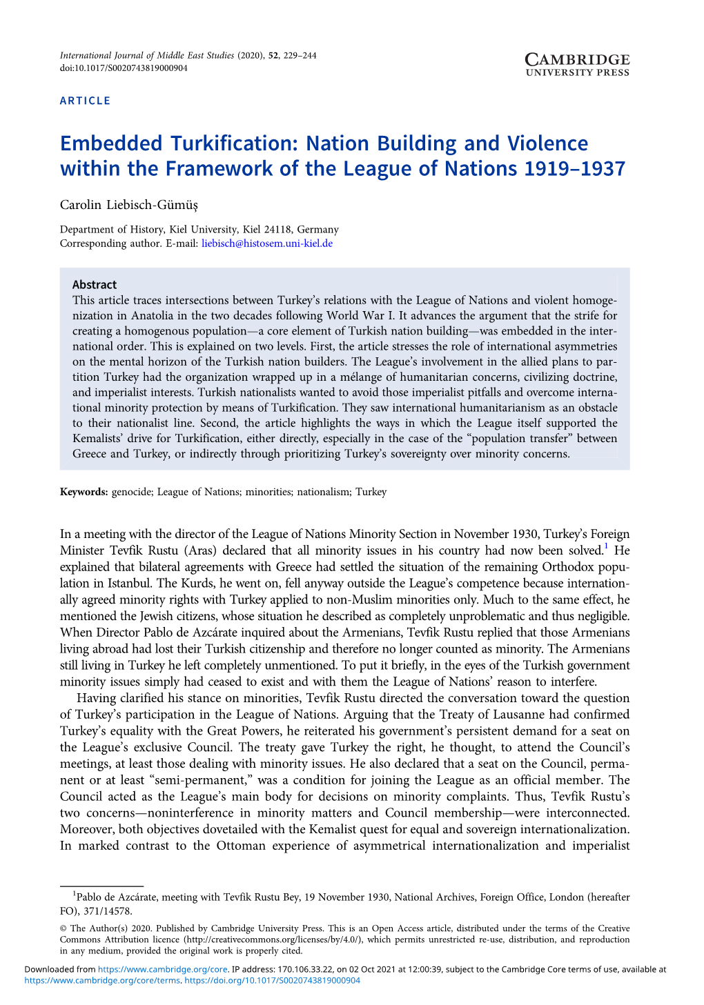 Embedded Turkification: Nation Building and Violence Within the Framework of the League of Nations 1919–1937