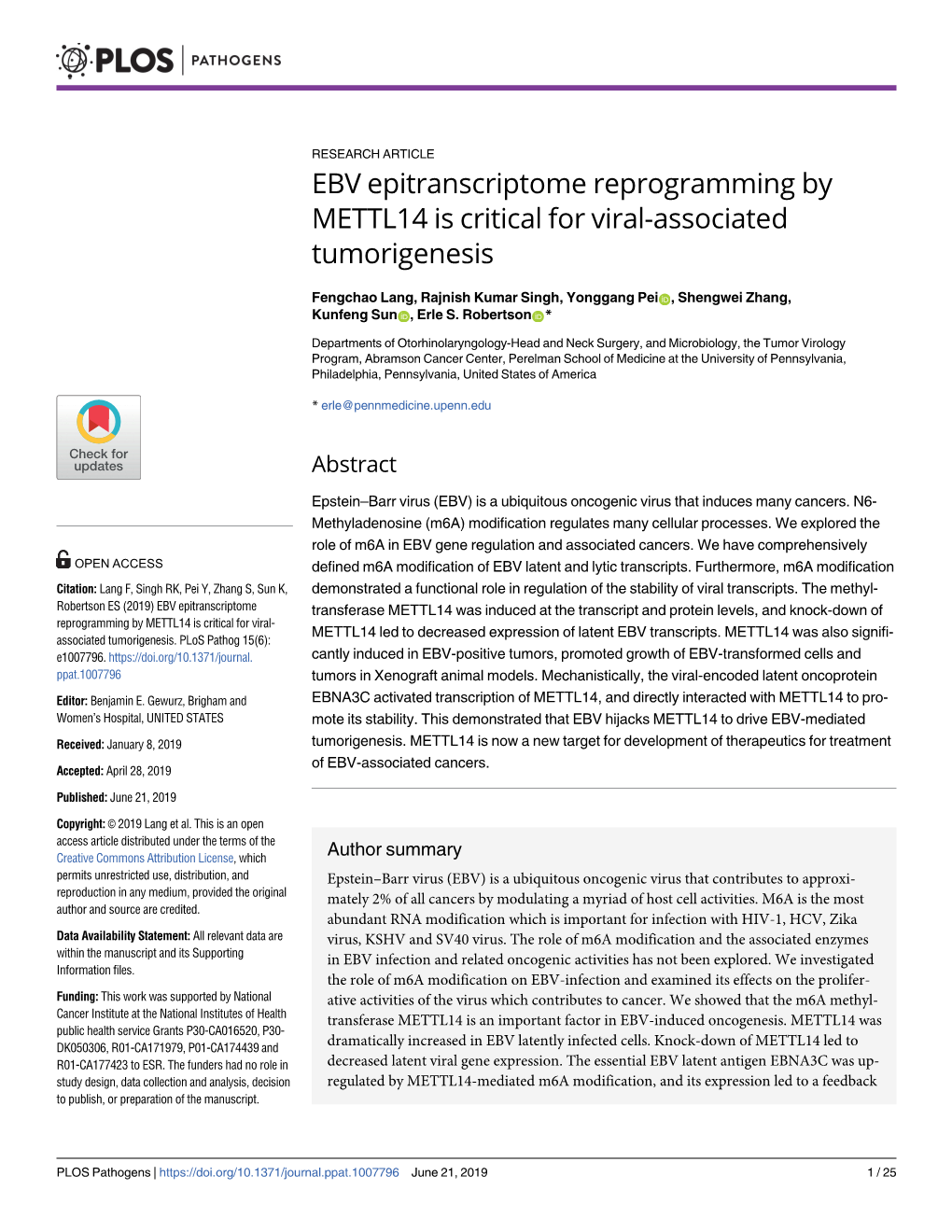 EBV Epitranscriptome Reprogramming by METTL14 Is Critical for Viral-Associated Tumorigenesis