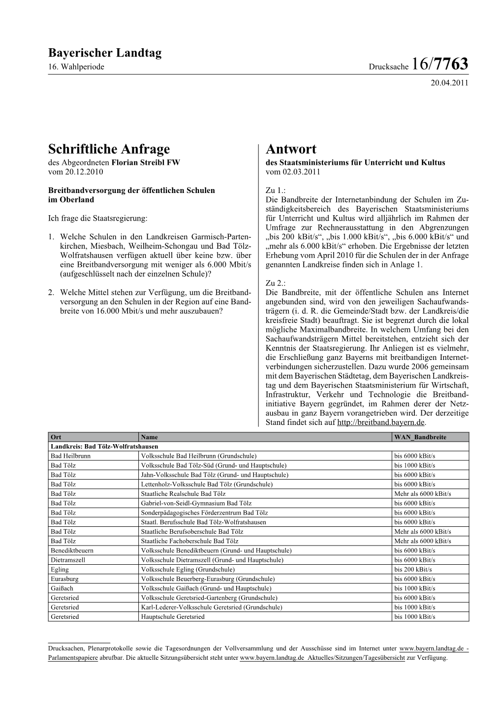 Schriftliche Anfrage Antwort Des Abgeordneten Florian Streibl FW Des Staatsministeriums Für Unterricht Und Kultus Vom 20.12.2010 Vom 02.03.2011