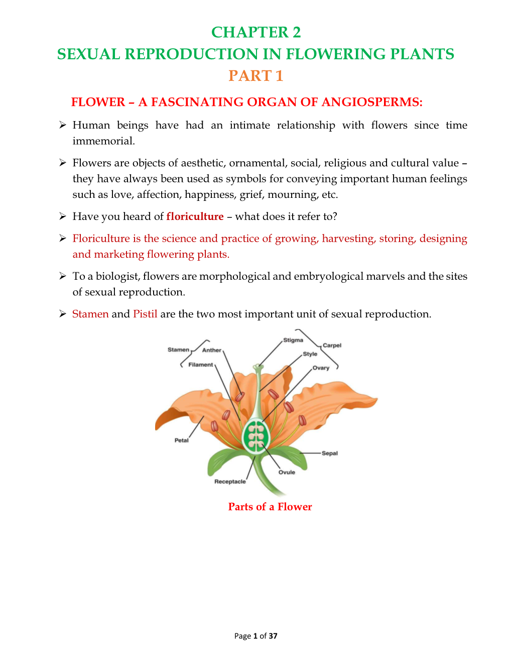 Chapter 2 Sexual Reproduction in Flowering Plants Part 1 Flower – a Fascinating Organ of Angiosperms