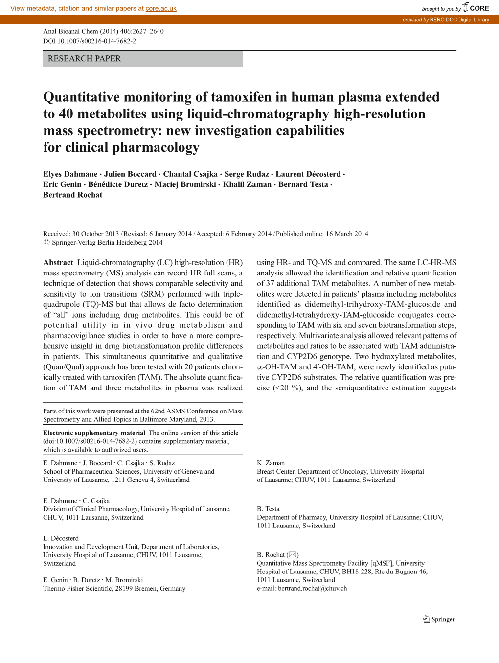 Quantitative Monitoring of Tamoxifen in Human Plasma Extended to 40