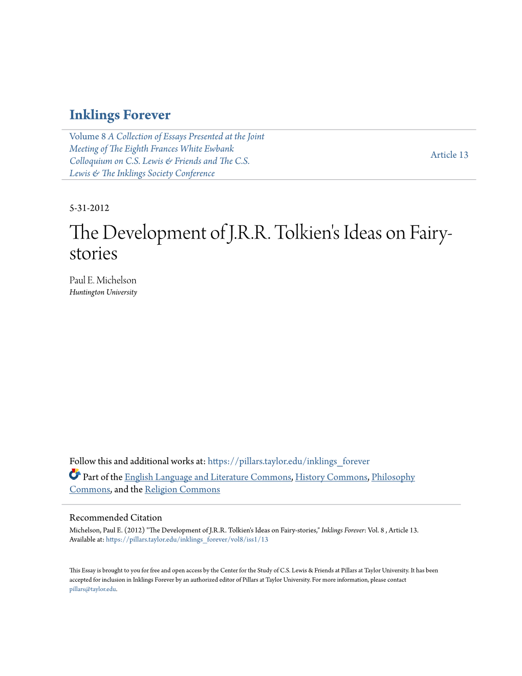 The Development of J.R.R. Tolkien's Ideas on Fairy-Stories