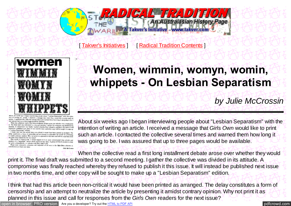 Women, Wimmin, Womyn, Womin, Whippets - on Lesbian Separatism
