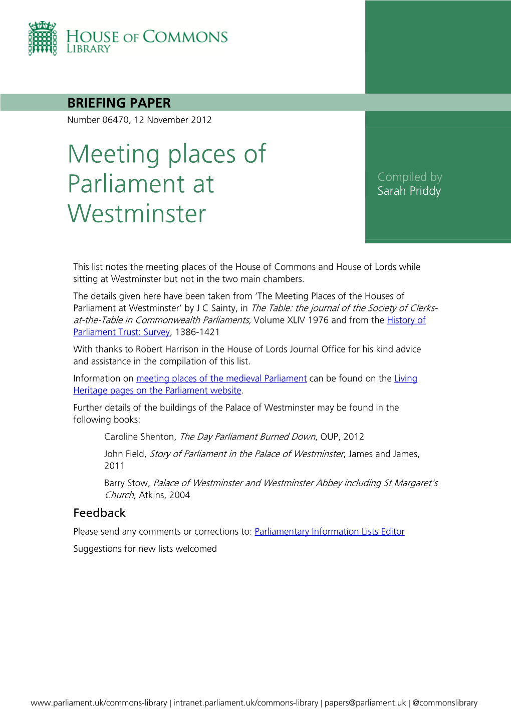 Meeting Places of Parliament at Westminster