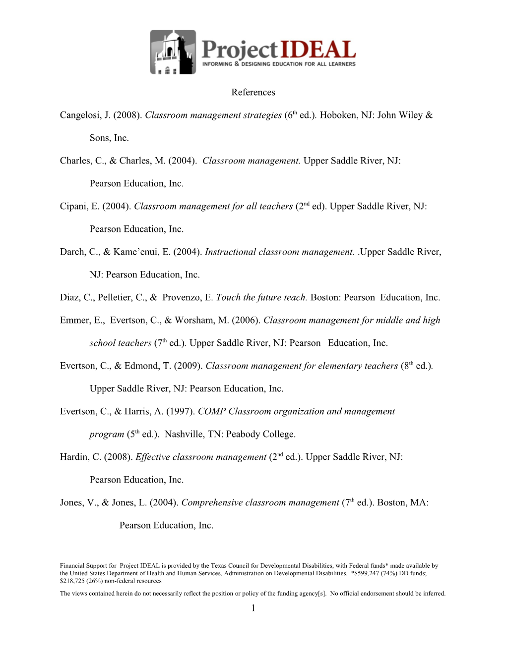 Cangelosi, J. (2008). Classroom Management Strategies (6Th Ed.). Hoboken, NJ: John Wiley