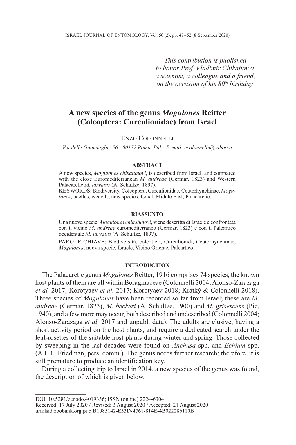 A New Species of the Genus Mogulones Reitter (Coleoptera: Curculionidae) from Israel