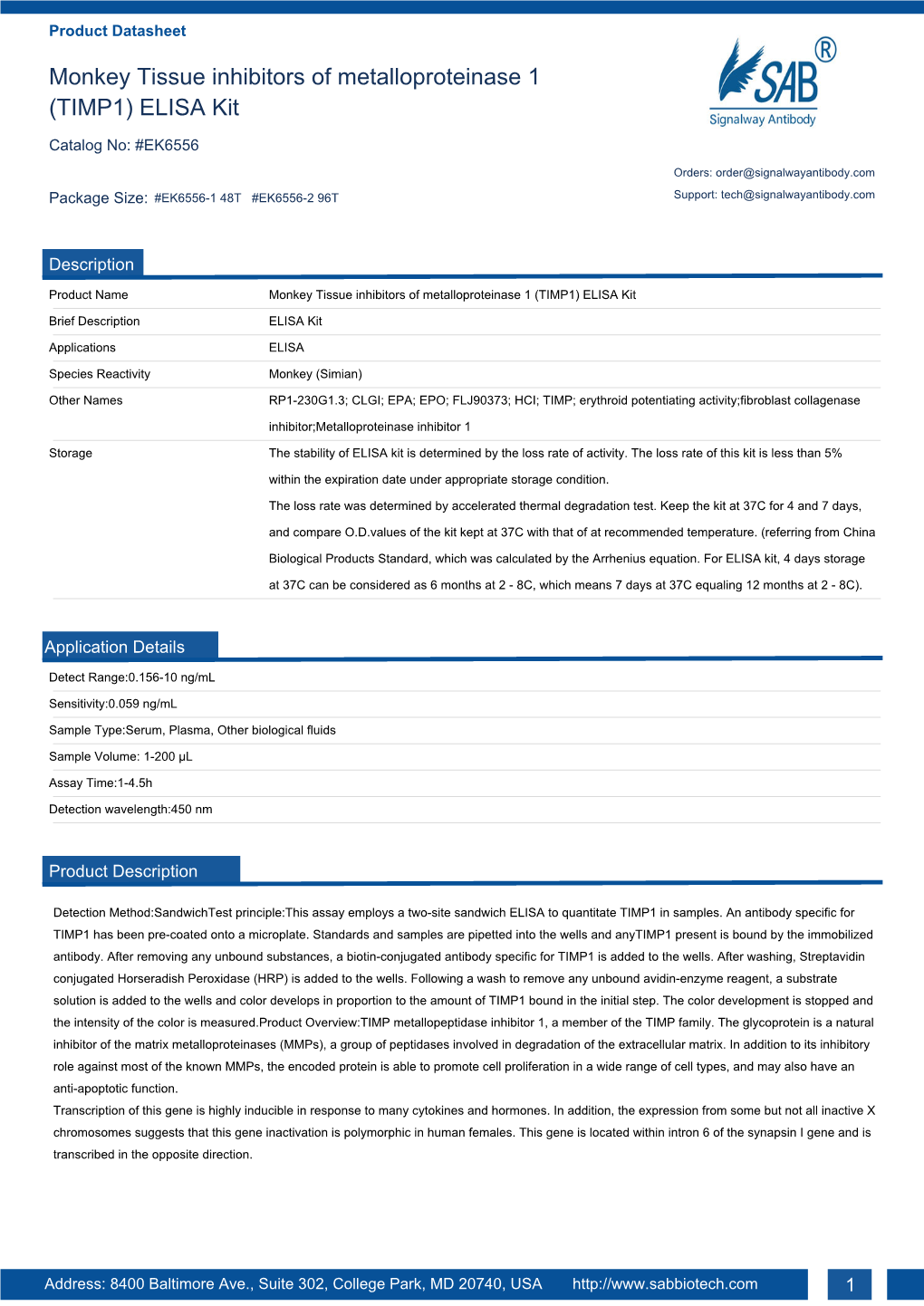 Monkey Tissue Inhibitors of Metalloproteinase 1 (TIMP1) ELISA Kit