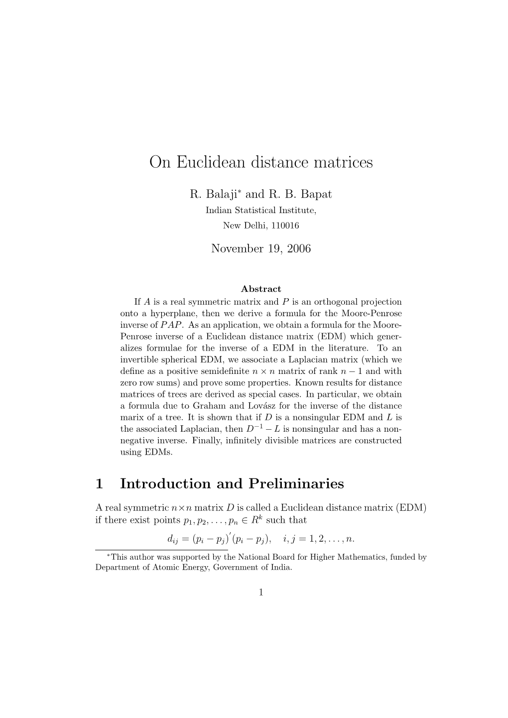 On Euclidean Distance Matrices