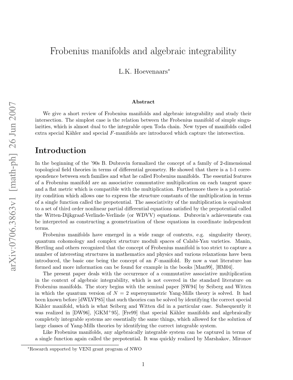 Frobenius Manifolds and Algebraic Integrability Arxiv:0706.3863V1