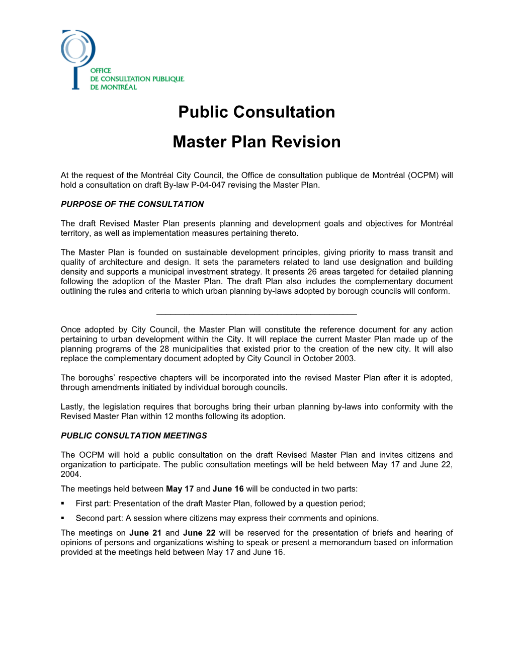 Public Consultation Master Plan Revision