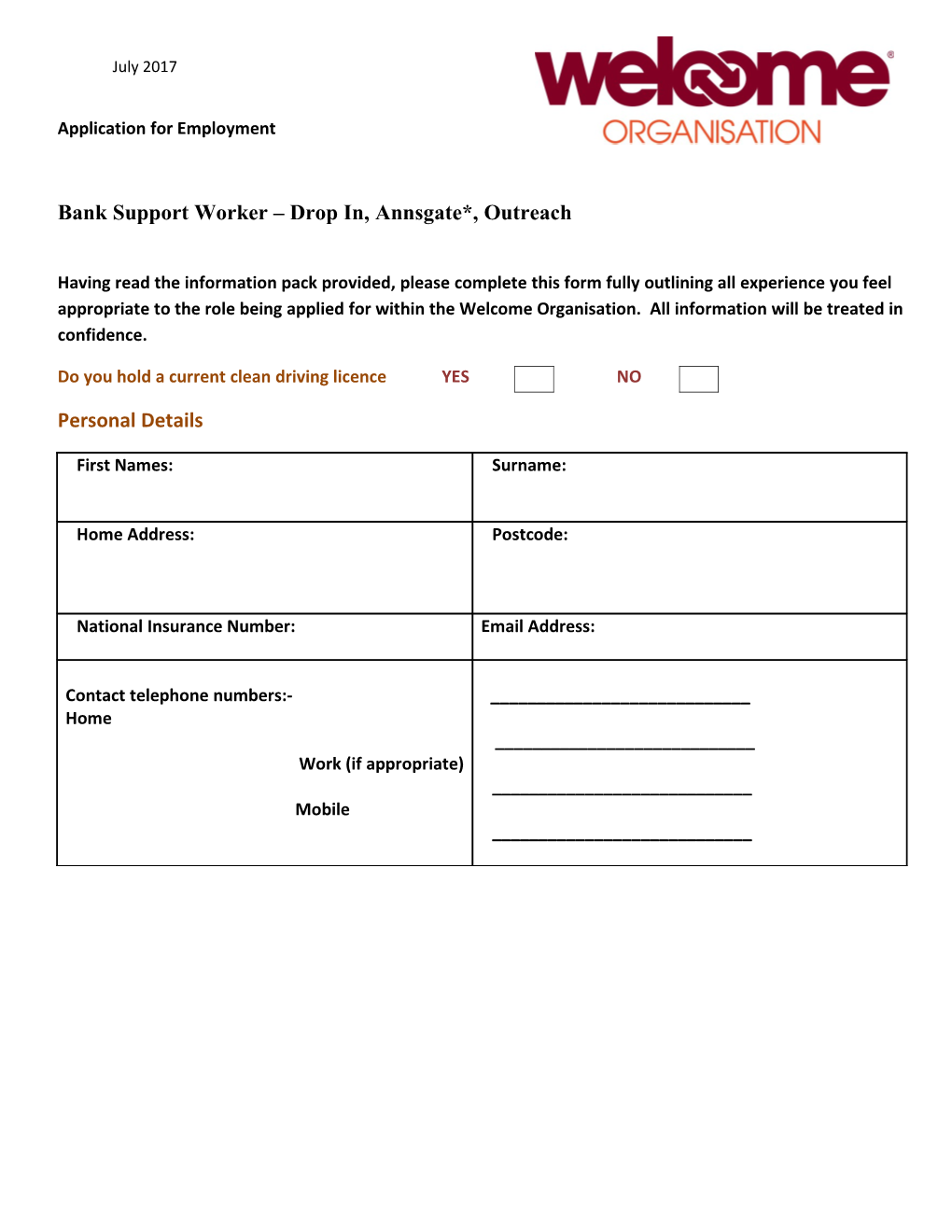 Bank Support Worker Drop In, Annsgate*, Outreach