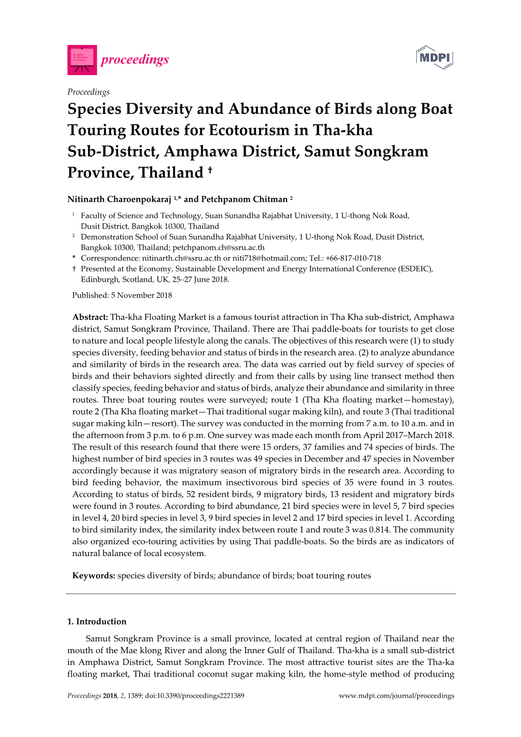 Species Diversity and Abundance of Birds Along Boat Touring Routes for Ecotourism in Tha-Kha Sub-District, Amphawa District, Samut Songkram Province, Thailand †