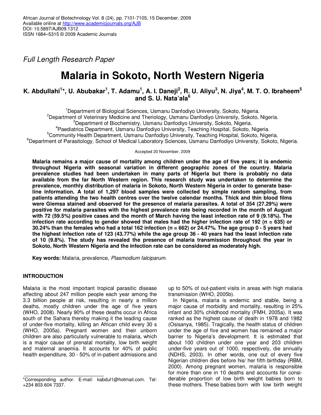 Malaria in Sokoto, North Western Nigeria