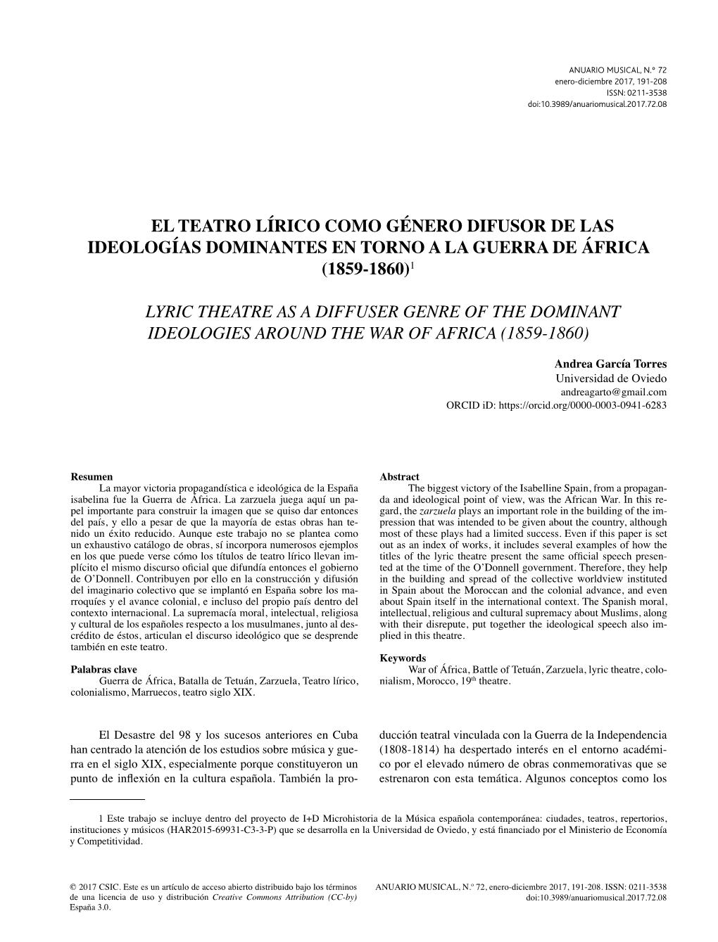 El Teatro Lírico Como Género Difusor De Las Ideologías Dominantes En Torno a La Guerra De África (1859-1860)1