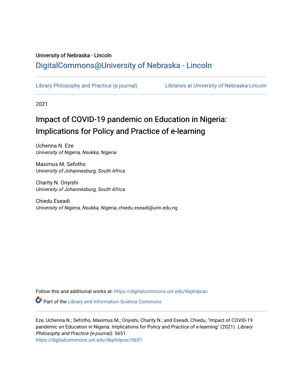 Impact of COVID-19 Pandemic on Education in Nigeria: Implications for Policy and Practice of E-Learning